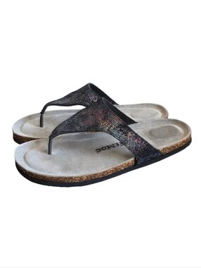SoftMoc Black Glitter Thong Sandals Size 10 Womens Cork Footbed Comfort Slip On